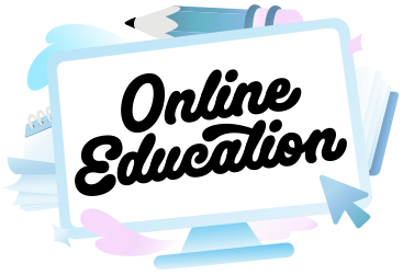 Lettering Online Education on screen with pencil, books and cursor text PNG, SVG